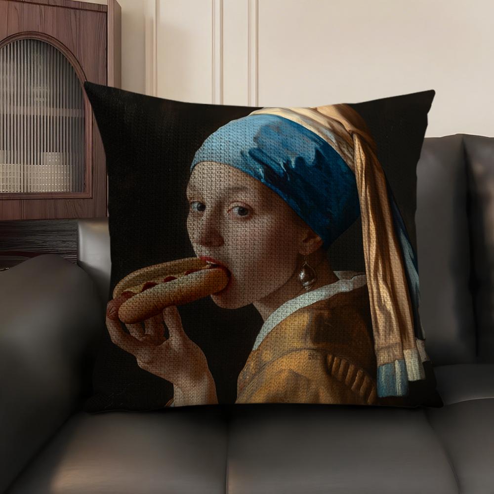 Copricuscino Mona Lisa con Perle Ragazza Lino Naturale Tessuto Biologico Stampa Double-Sided Divano Decorazione Casa Federa Regalo