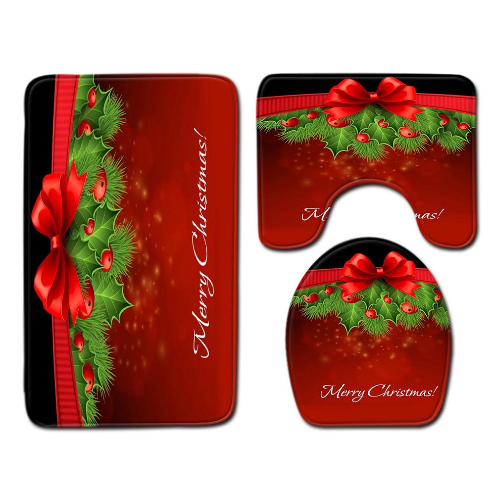 Christmas Shower Curtain Floor Mat Combination Four-Piece Set Bathroom Toilet Carpet Shower Room Mat Foot Mat