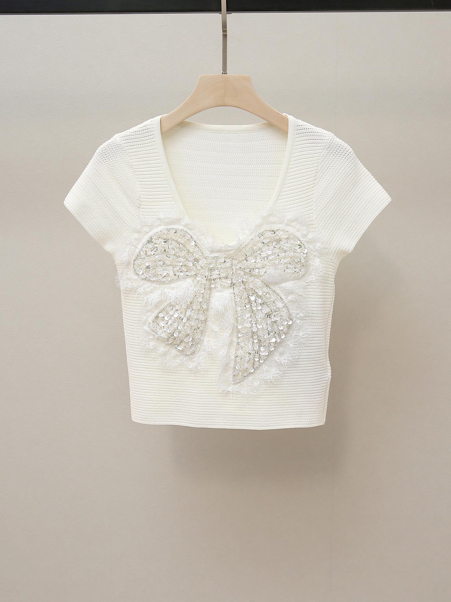 

Женский осенний французский нишевый свитер с пайетками и бантом с U-образным вырезом S белый