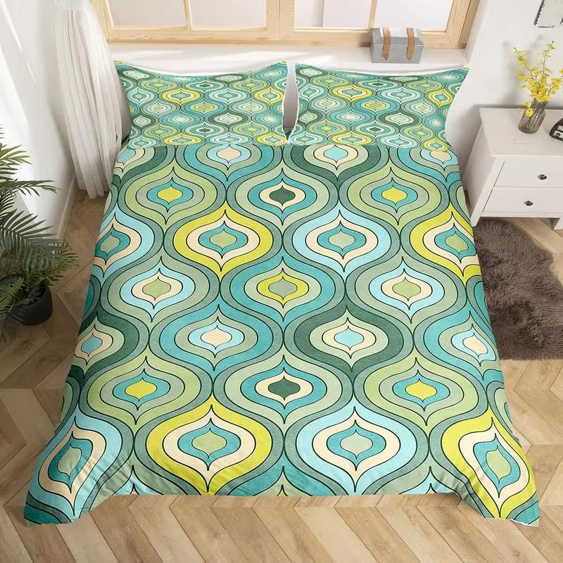 Retro 70-tals King Påslakan Mikrofiber 3D Abstrakt Geometri Täcke Örngott Mellankrigstiden Exotiskt Blommigt Sängklädesset