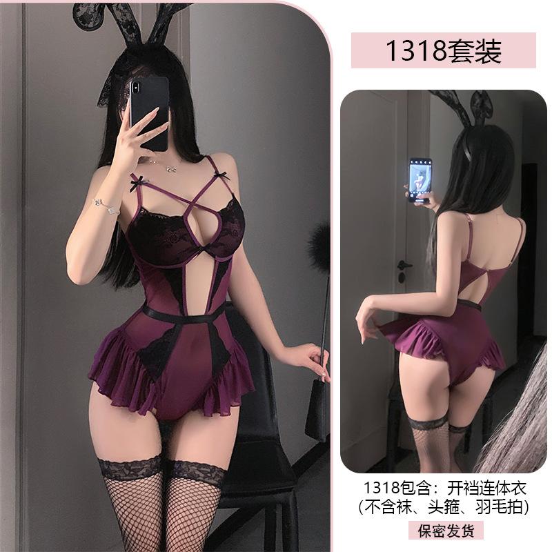 Original Erotic Lingerie Purple Sexy one-piece Dress Women's Lace Seductive Uniform See-through no-Take pajamas 1318