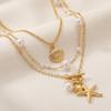 3pcs Ceramic Starfish Pendant Necklace for Women Metal Shell Conch Multi-Layered Clavicle Chain Summer Vacation Travel Jewelry