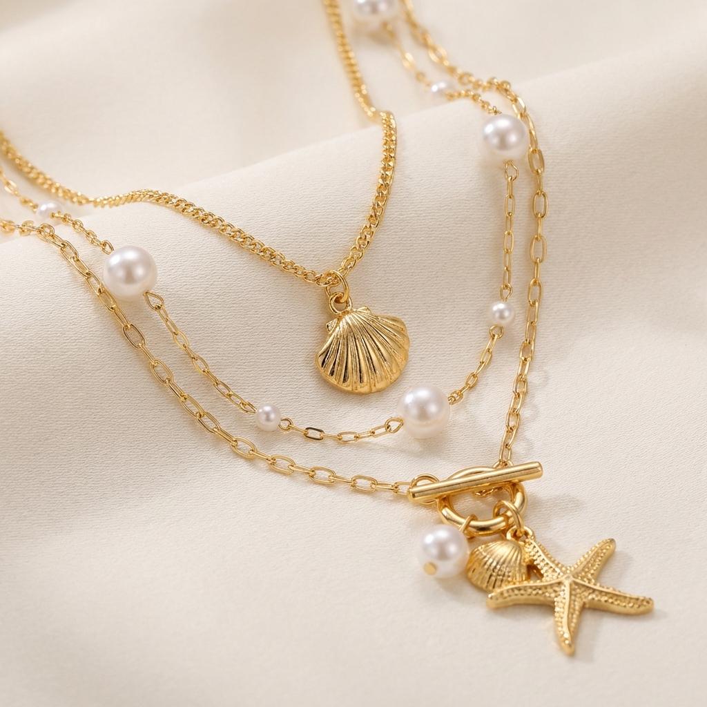 3pcs Ceramic Starfish Pendant Necklace for Women Metal Shell Conch Multi-Layered Clavicle Chain Summer Vacation Travel Jewelry