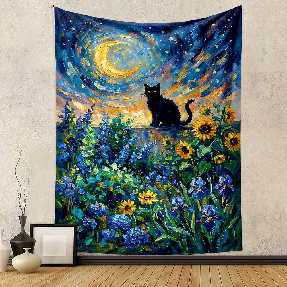 A black cat sits under a swirling moonlit sky surrounded by colorful flowers. Patterned tapestry for bedroom and living room home decor