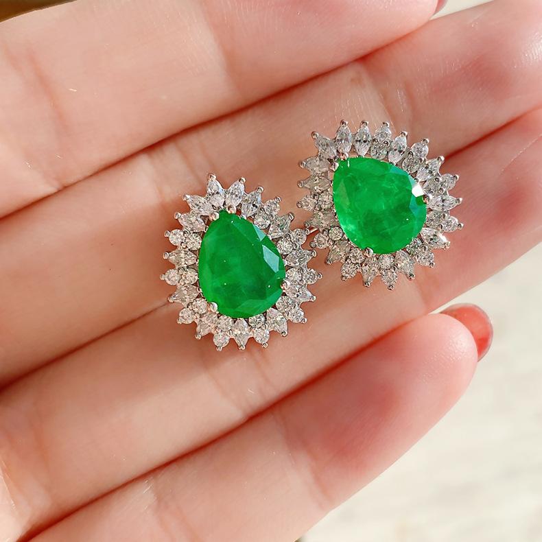 Cross Border Paraiba Water Drop S925 Silver Needle Earrings Emerald Green Micro Inlaid Imitation Temperament Light