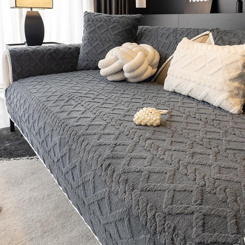 Solid Color Shu Cotton Velvet Sofa Cushion Winter  New Plush Seat Cushion High-End Non-Slip Sofa Cover Cross-Border