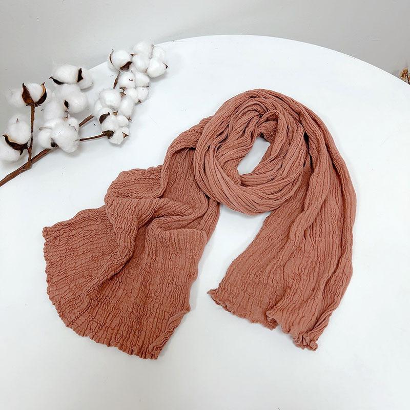 Thin Ramie Pleated Scarf Narrow Slender Cotton And Linen Japanese Literary And Artistic Solid Color Summer Neck Protection Small Shawl