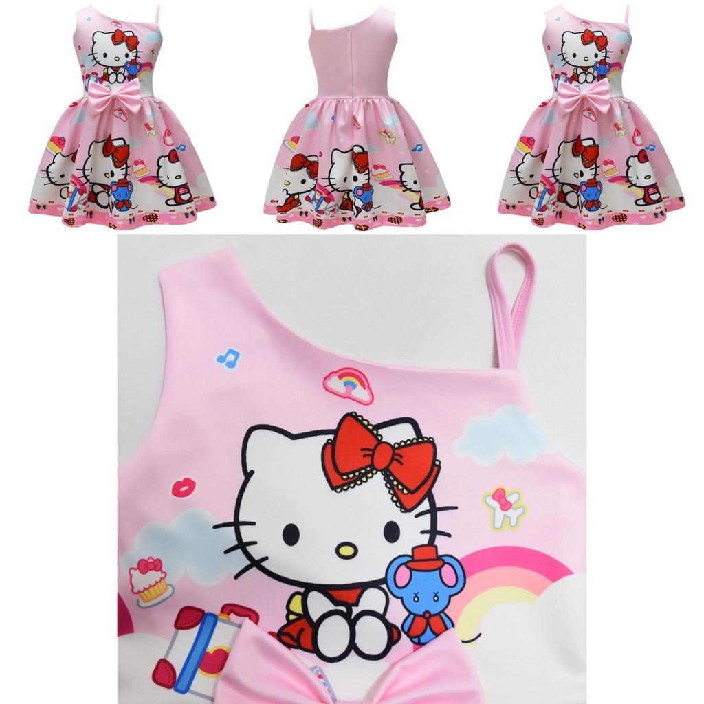 Ärmelloses Kleid mit Hello Kitty Cartoon-Print und Rüschendetails für das Frühlings-Verkleiden