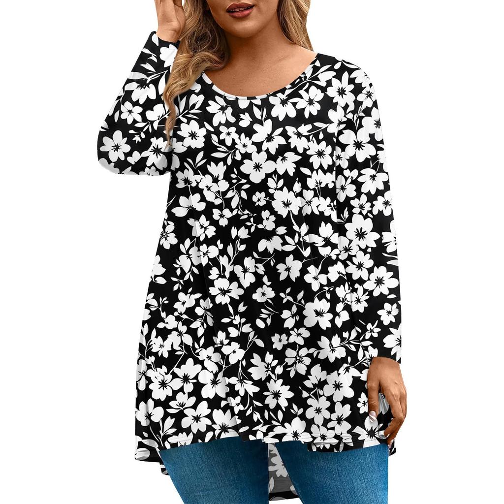 Dame Mote Stor Størrelse Rund Hals Langermet Casual Trykk Løs Pullover Topp