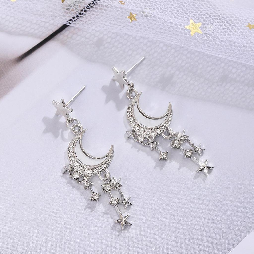 Silver Needle Korean Luxury Moon & Star Diamond Tassel Earrings