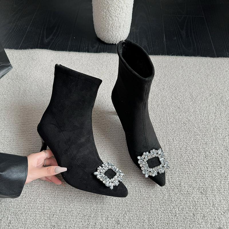 Zimowe Nowe Bawełniane Botki na Cienkim Obcasie Damskie Szpiczaste Z Kryształkami Cyrkonii Klamra Rękaw Antypoślizgowe Odporne na Ścieranie Krótkie Botki