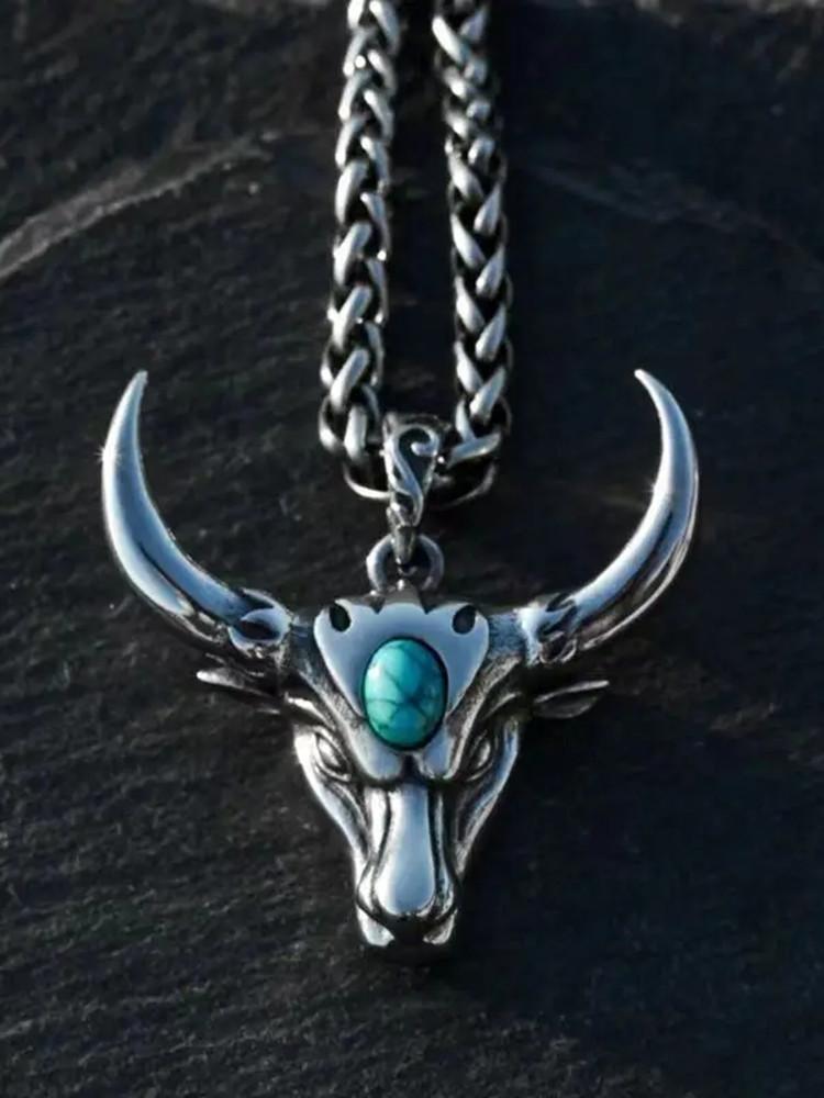 Gotický zelený kámen býčí lebka náhrdelník přívěsek punkový zvířecí náhrdelník pánský taurus zvěrokruhový amulet šperky dárek k výročí
