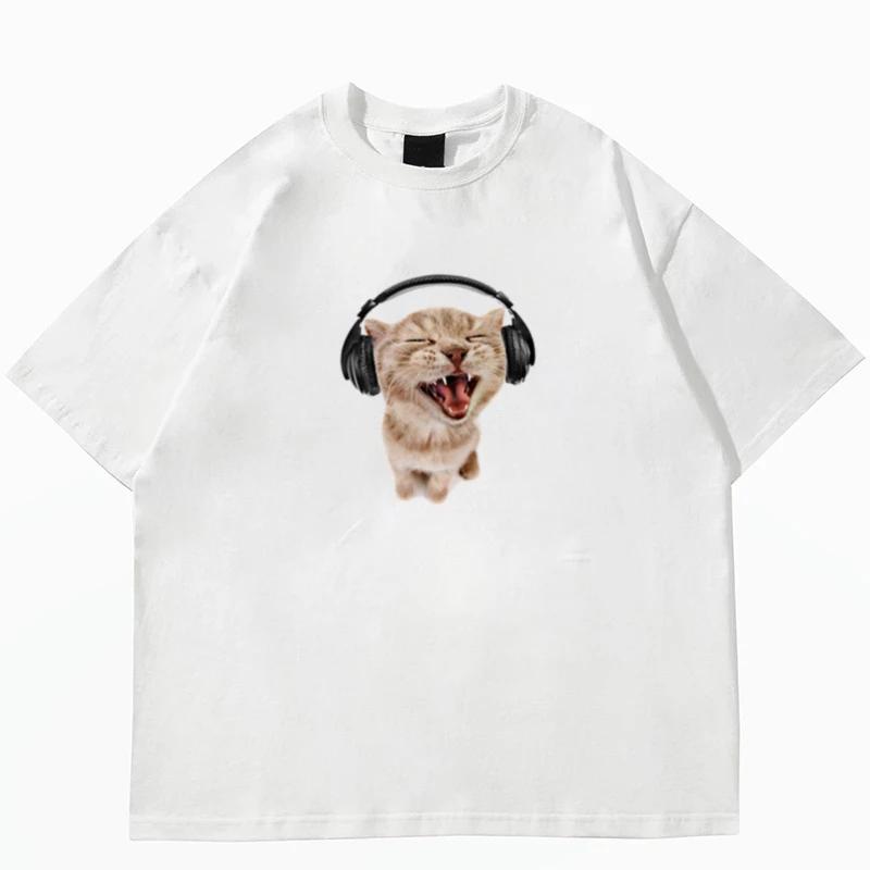 Top Style Noble Cat Love Music T-shirt Cute Cat Print Short Sleeve T-shirt Men's Harajuku Fashion Couple Loose Street Style Y2K