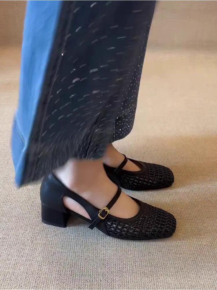 Hollow Word with Square Head Versatile and Versatile 2025 New Thick-heeled Sandals Imitation Leather Women's Woven Fashion Sandals