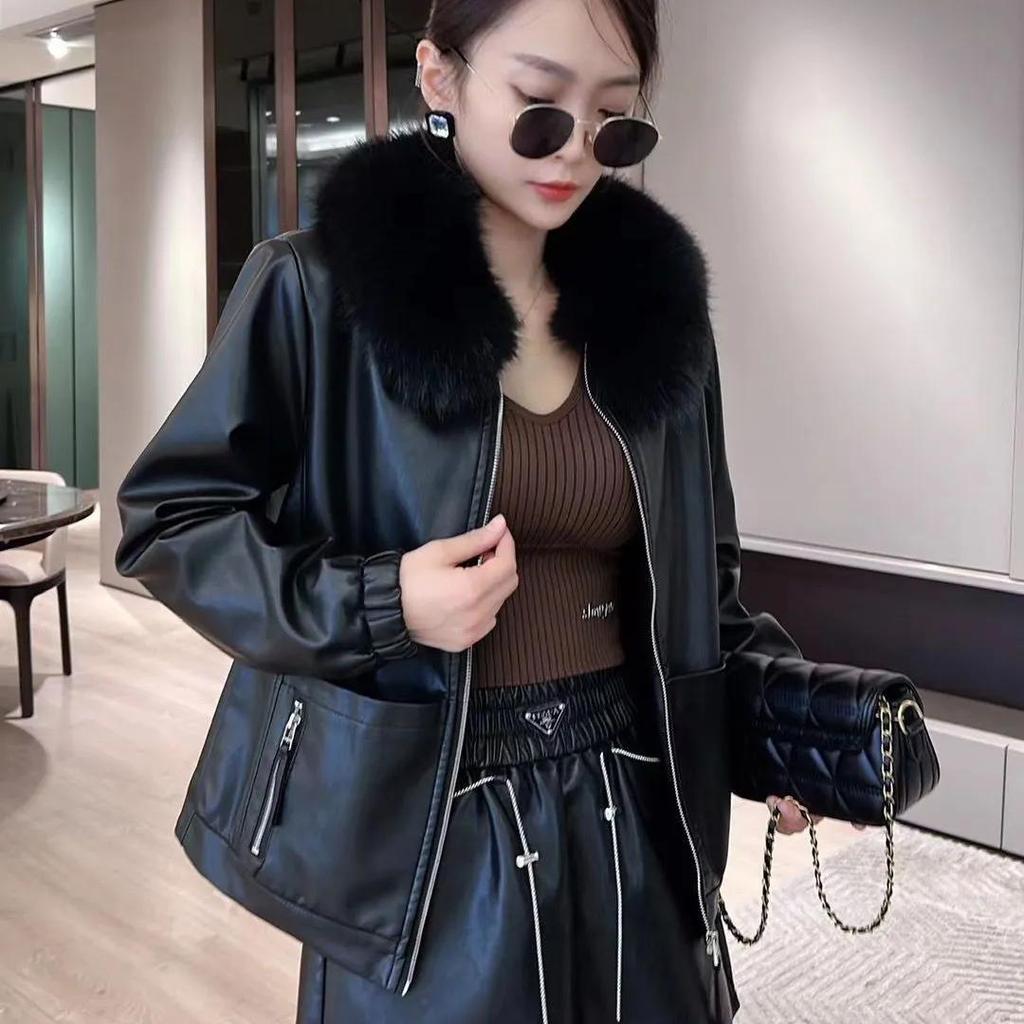 Winter Warmth Plus Velvet Thick Leather Jacket Women's Fashion Western Style Detachable Fur Collar Leather Jacket Trend