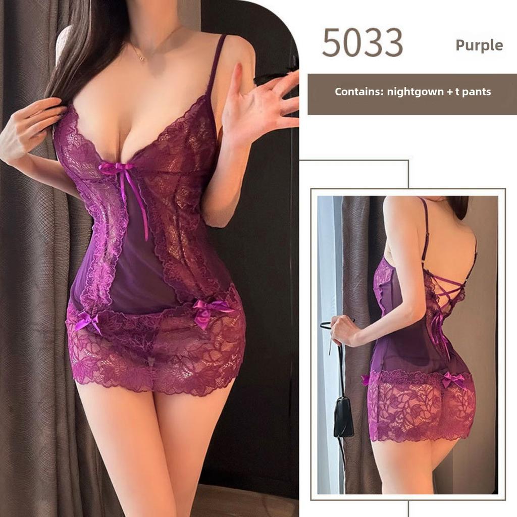 Purple Pure Desire Suspender Nightdress Hollow Lace Transparent Bed Sexy Pajamas Flirting