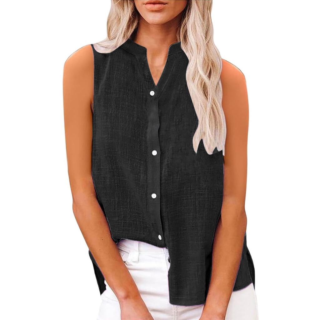 Damenmode Einfarbig Lässig Ärmellos Strickjacke Knopf Locker Baumwolle Leinen Hemd Top