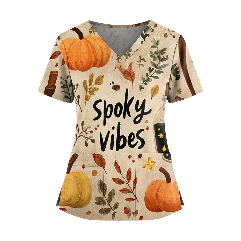 Halloween Print V Neck Short Sleeve Nurse Scrub Top with Dual Pockets and Side Slits Medical Uniform Shirt for Healthcare Professionals