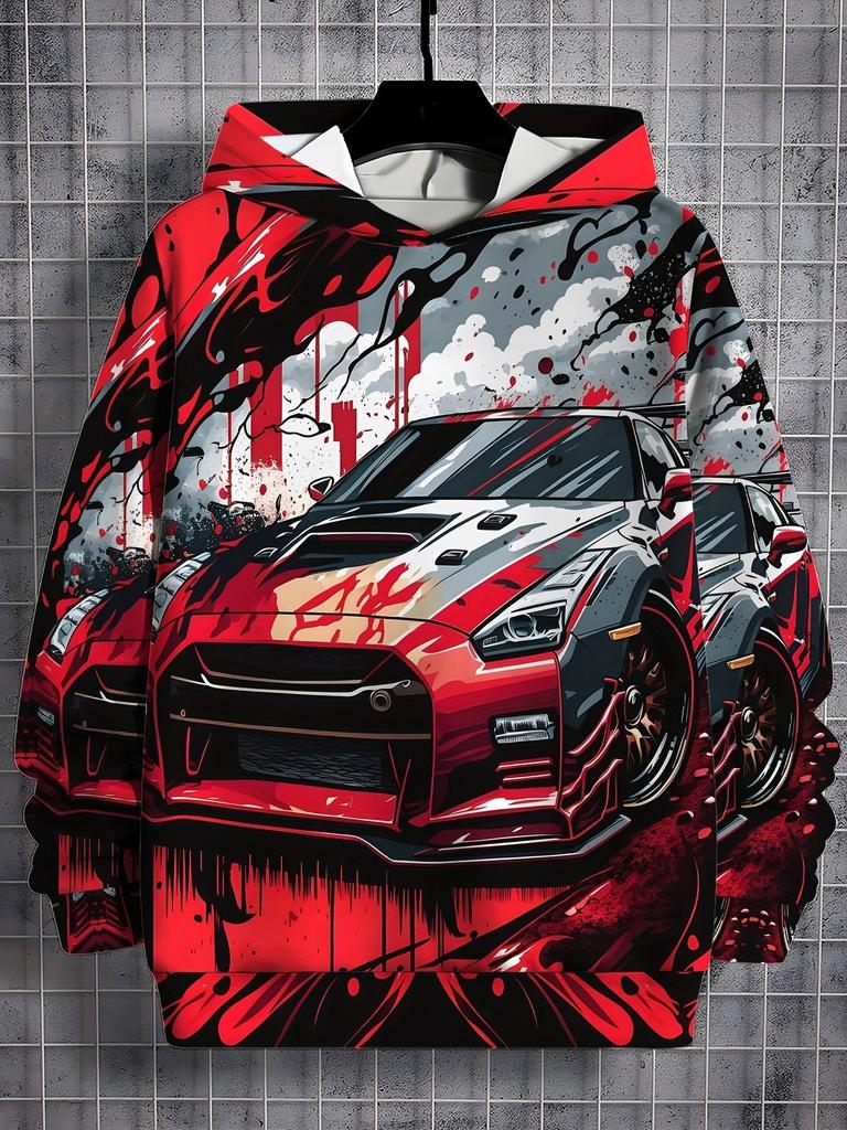 Boys' Casual Hoodie, Cool Car Print - Perfect Choice for Long Sleeves In Spring and Autumn, Loose Fit