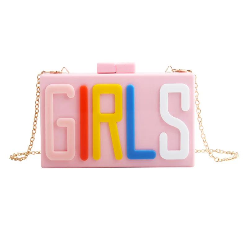 

2025 New Acrylic GIRLS Letter Shoulder Bags Fashion Crossbody Clutch Purse with Chain for Party Evening Wedding Prom Box Handbag
