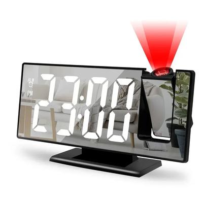 Projekční budík s otočným displejem 180°, zobrazující čas a teplotu, s funkcí odloženého buzení, digitální, na stůl, 12/24H, USB projektor, LED hodiny