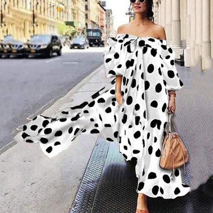 European American Style Off Shoulder Polka Dot Bohemian Maxi Dress