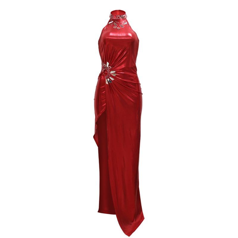 Sleeveless High Slit Solid Color Press Drill Dress Fashion Evening Gown Women's Long Dress Women's Dress