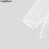 INCERUN Men Lapel Neck Long Sleeve Patchwork Hollow Out Fishnet Tops Mesh Sheer Shirts