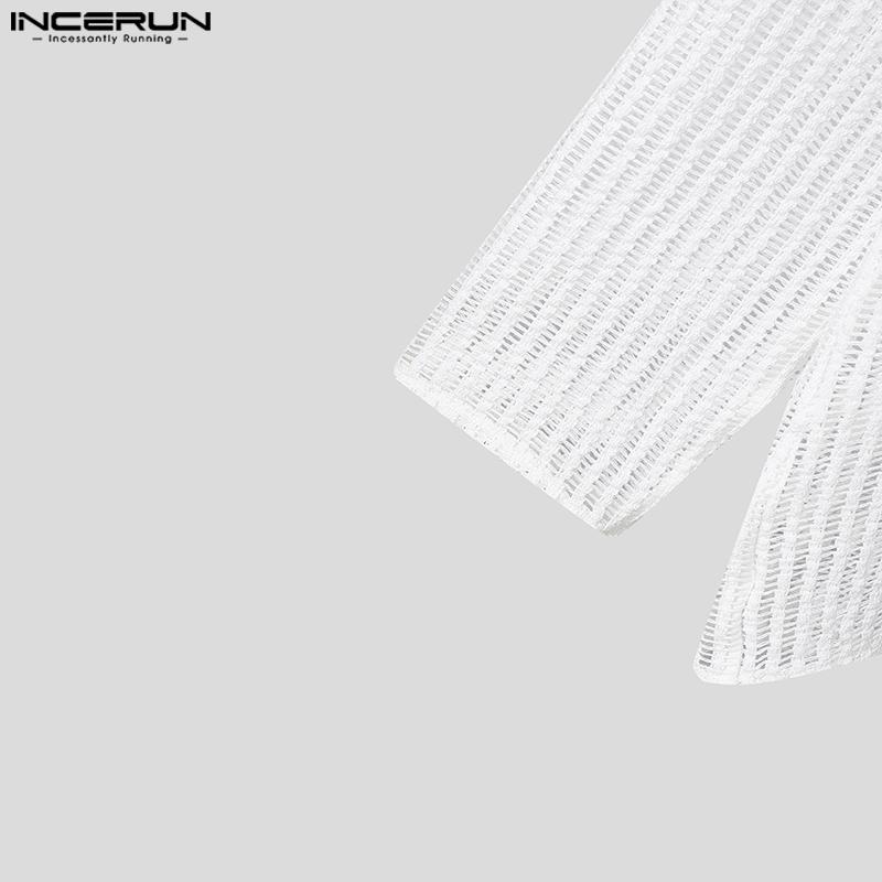 INCERUN Men Lapel Neck Long Sleeve Patchwork Hollow Out Fishnet Tops Mesh Sheer Shirts