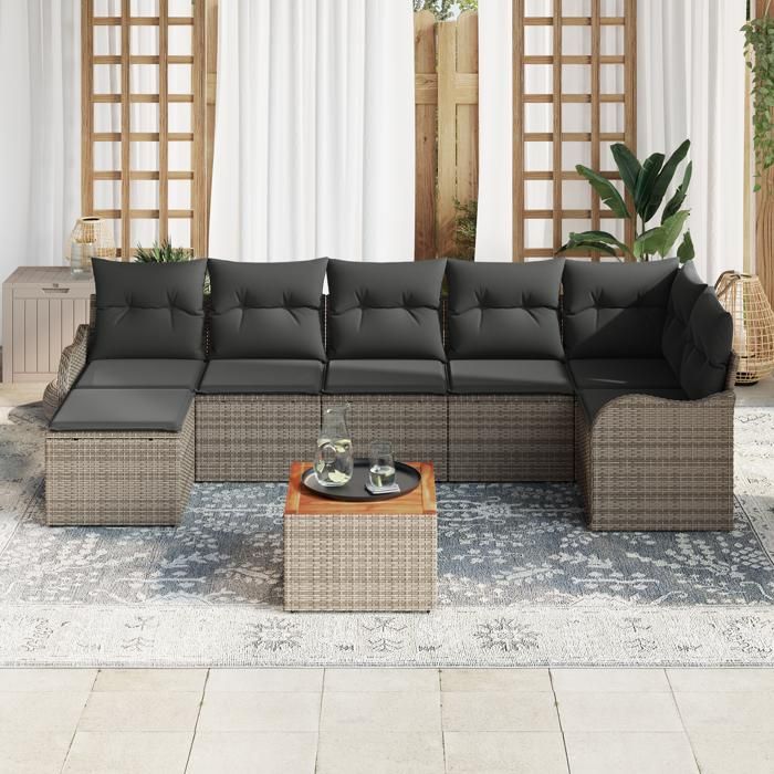 Ensemble de canapé de jardin 8 pièces avec coussins gris en poly rotin et acacia 3347482