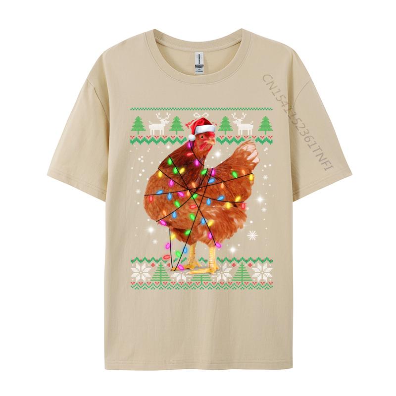 Ugly Christmas Chicken Santa Hat Lights Sweater Xmas T-Shirts Natural Cotton Man Fashion T-Shirt Chicken Santa T-Shirts Casual