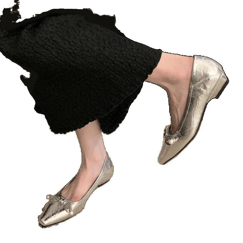 2025 spring and autumn new pointed single shoes fairy shoes light mouth silver bow with skirt temperament high heel single shoes