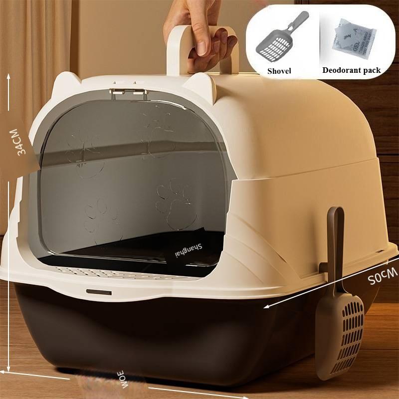 Large fully enclosed cat litter box withopen top for splash prevention Pet-specific toilet with handle Cat litter box deodorizer