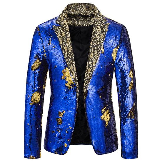 Stage Blazer Shiny Sequin Contrast Color Shining Turn-down Collar Long Sleeves Circus Clothes Concert Flower Print Performance Suit for Nightclub