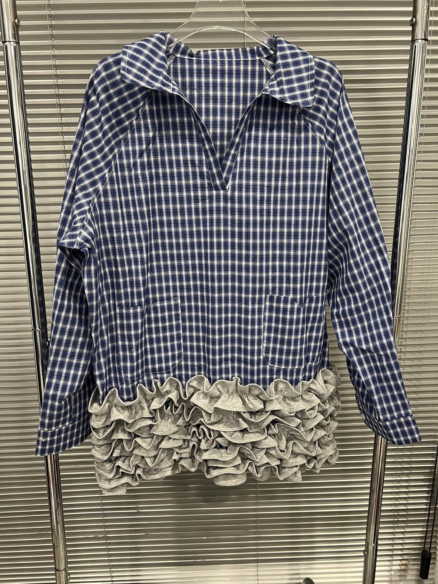 Spring 2026 Plaid Ruffle Color Block Slimming Shirt Dress One Size синий