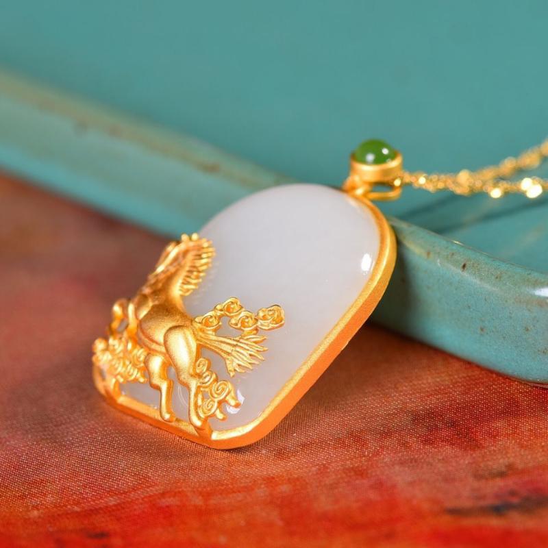 Classic Ancient gold craft inlaid natural Hotan jade steed necklaces zodiac horses square pendant clavicle chain wedding
