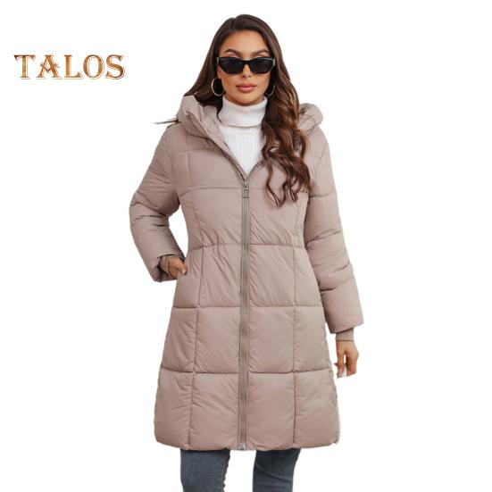 Damska kurtka zimowa z kapturem, gruba, ocieplana, puchowa, wąska talia, zapięcie na zamek błyskawiczny, średniej długości, wiatroszczelna, zimowa, bawełniana kurtka