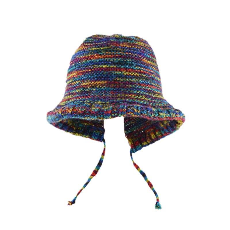 Autumn and Winter Rainbow Color Striped Ear Protector Wool Hat Women's Face Small Lace-up Contrasting Color Bag Head Knitted Hat