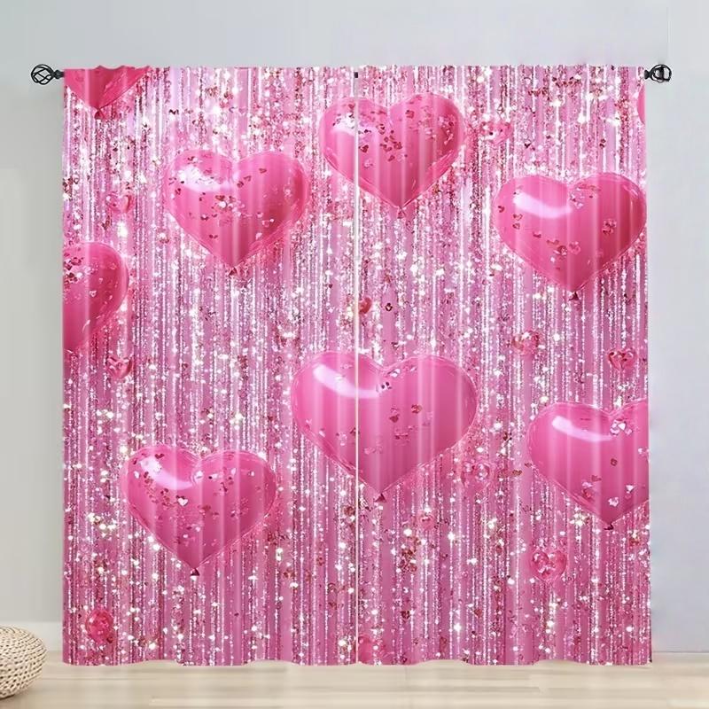 2 Pcs Pink Heart Print Curtains,suitable for Bedroom,living Room Kitchen Decoration,home Decoration,window Decoration Curtain