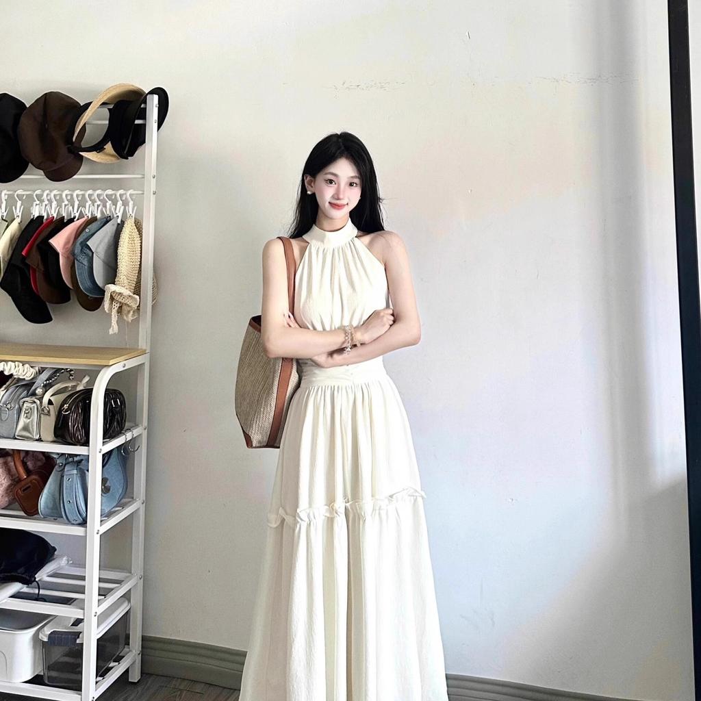 Beige Neck Waist Dress Women's Summer Gentle Wind Temperament Thin Medium and Long French First Love Cake Dress