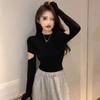 Women's Black Ribbed Slimming Semi-High Neck Knitted Top - Long Sleeve Autumn/Winter Fashion