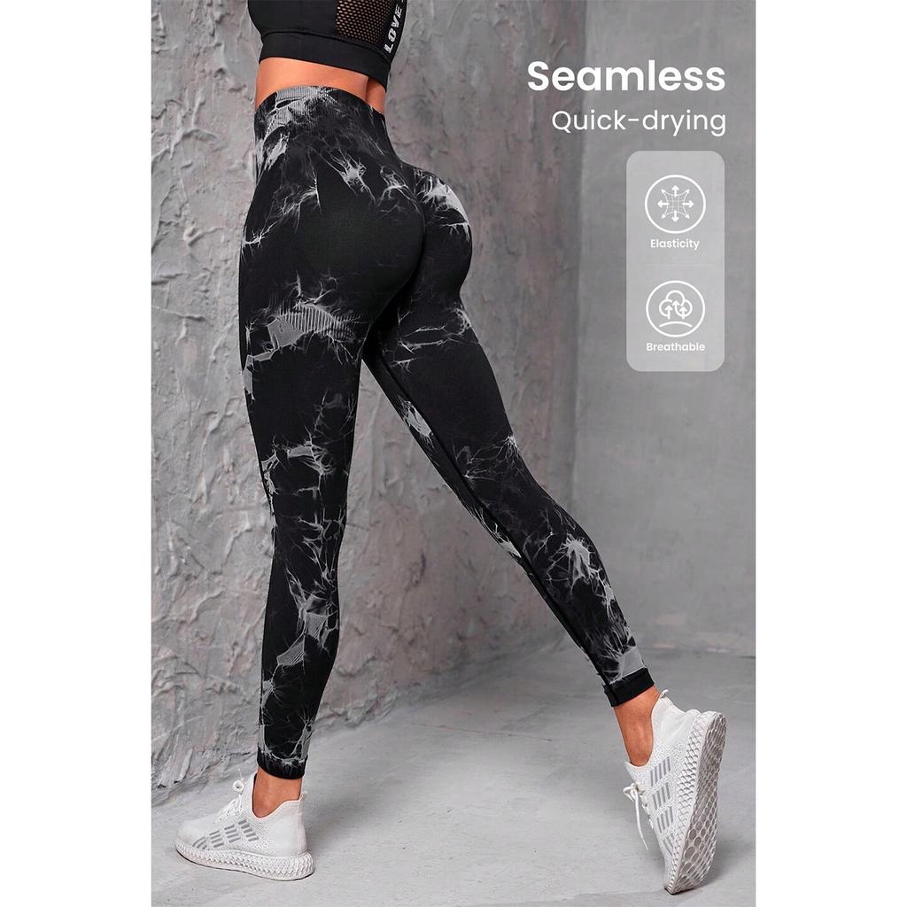 Seamless Tie Dye High Waist Leggings - Black M - Polyester/Spandex - Shaping & Push-Up Effect - Fitness Activewear