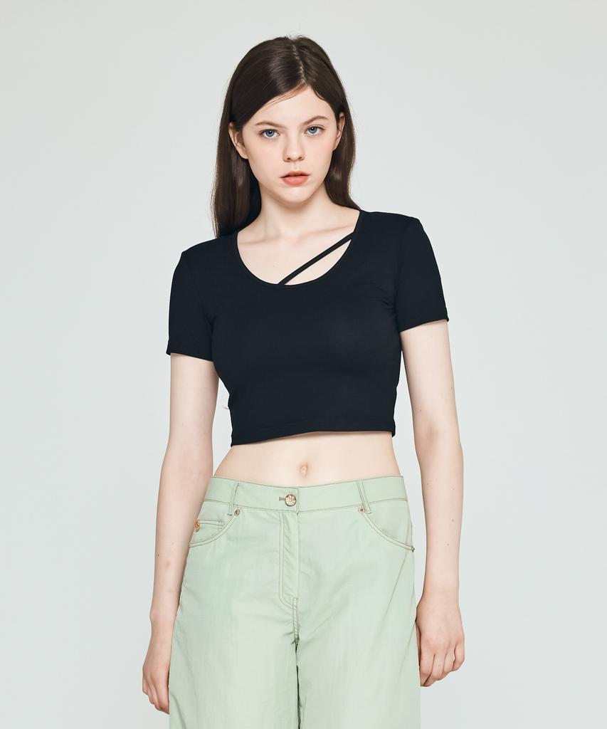 DEPASION Silket Crop Short Sleeve T-Shirt (Black)