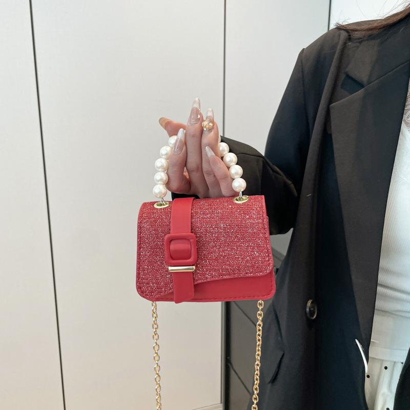 Simple, Shiny and Fashionable Spring New Solid Color Texture Pearl Portable Chain Crossbody Women's Small Square Bag