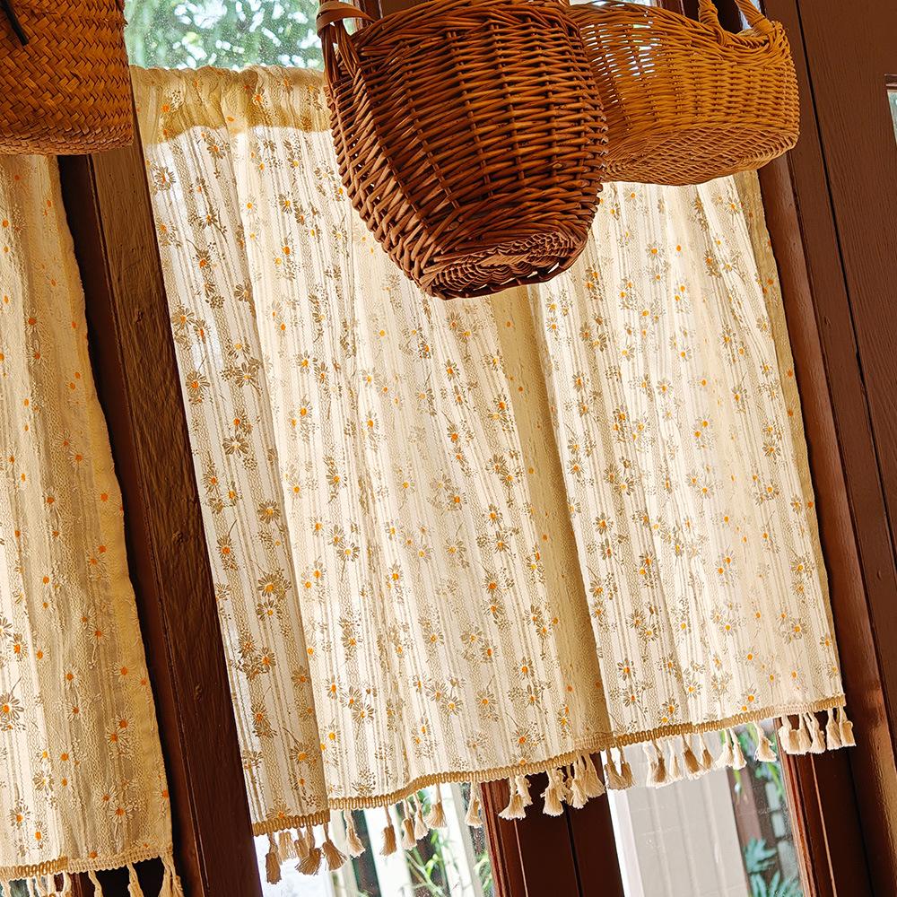 

French small fresh pastoral floral cotton bay window curtain rental house partition door curtain free punching half curtain Width 140x height 30 [tiled size]