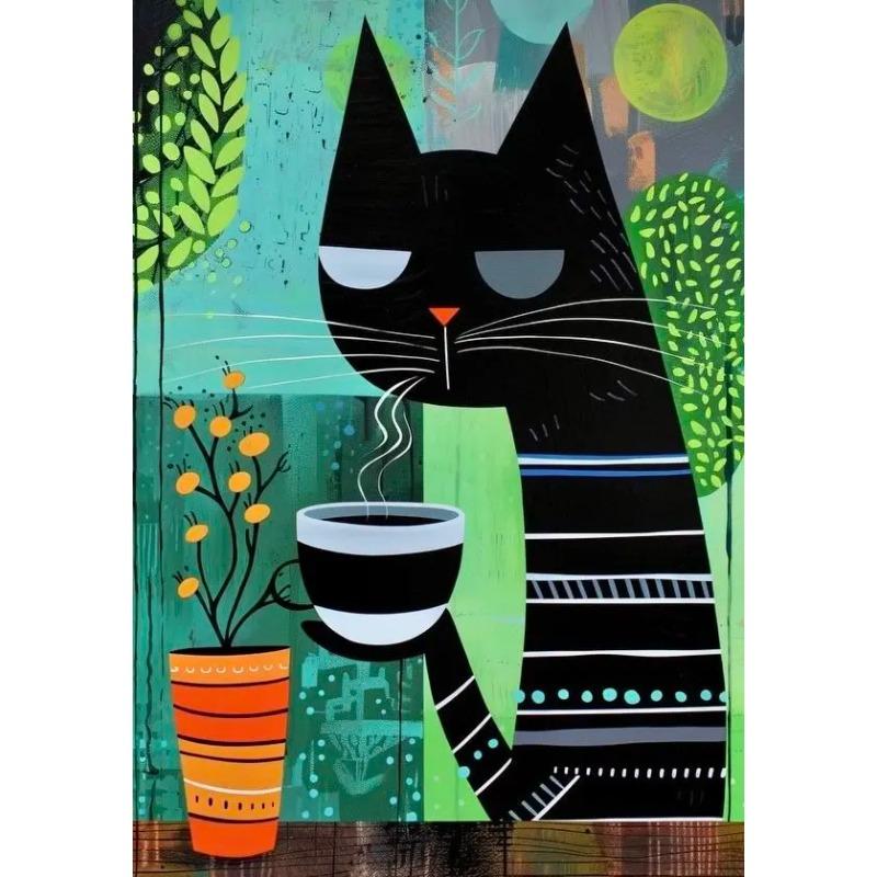 Whimsical Black Cat Drink Coffee Poster For Bedroom Nursery Cartoon Animal Canvas Painting Cute Cat Illustration Print Wall Art