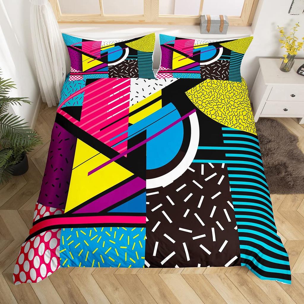 Blau Pink Memphis Bettwäscheset Bunte Abstrakte Bettbezug Hippie Hip Hop Deckenbezug Geometrisch Vintage Mode Steppdeckenbezug