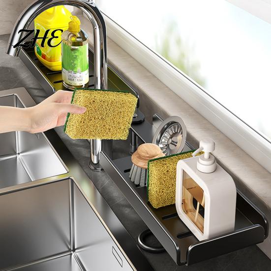 Bathroom Counter Organizer Foldable Faucet Storage Rack, 180 Degree Straight Deployment And 90 Corner No Drill Shelf Turn Two Installation Way,