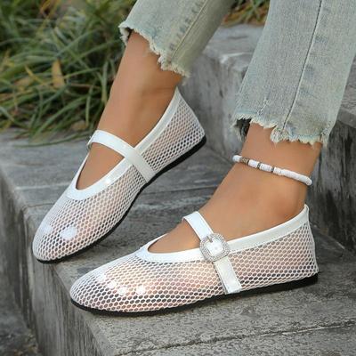 Scarpe Singole da Ballo con Punta Rotonda in Rete con Fibbia Monocinturino, Fondo Piatto Perforate Mary Jane Sandali Scarpe Rete da Pesca