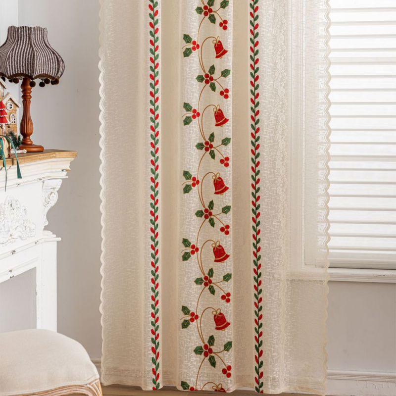 2 Panel Santa Claus Lace Gauze Curtains Christmas Bell Embroidery Curtains Translucent Lace Curtains Home Decoration Curtains